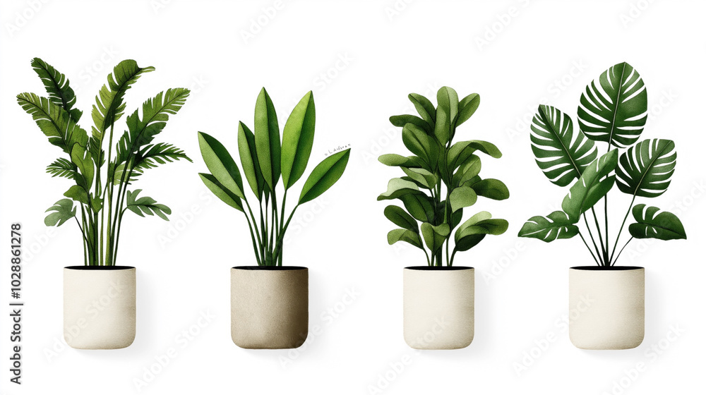 Obraz premium Illustration of four different types of potted houseplants with green leaves arranged in a row against a white background.
