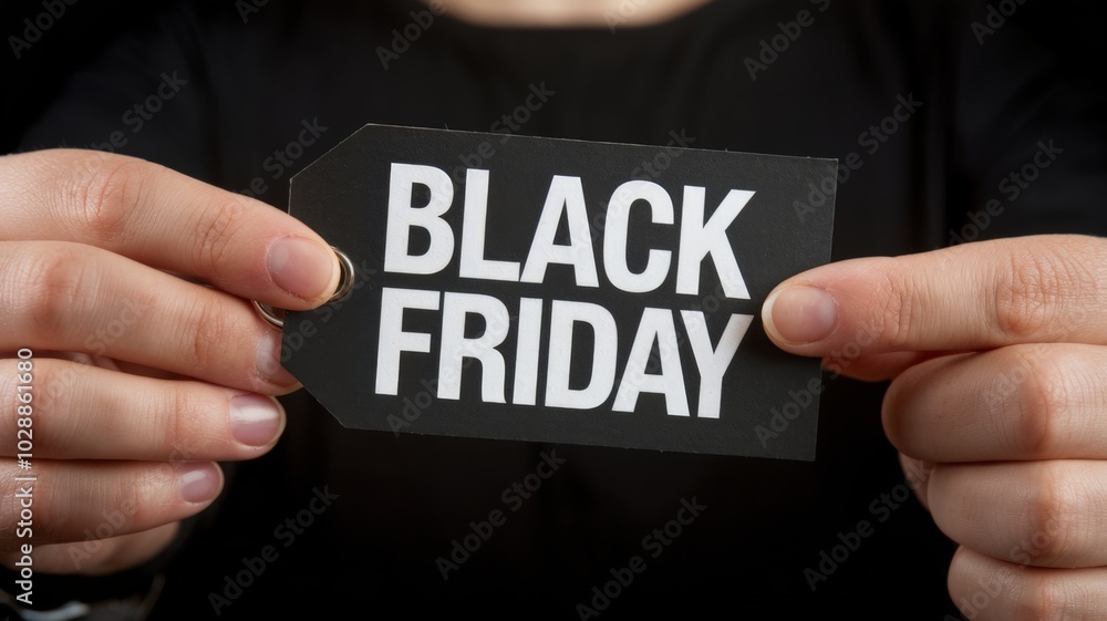 Hands of a person holding a black label with the word black friday, concept of promotion and sale. Hands of a person holding a black label with the word black friday, concept of promotion and sale.