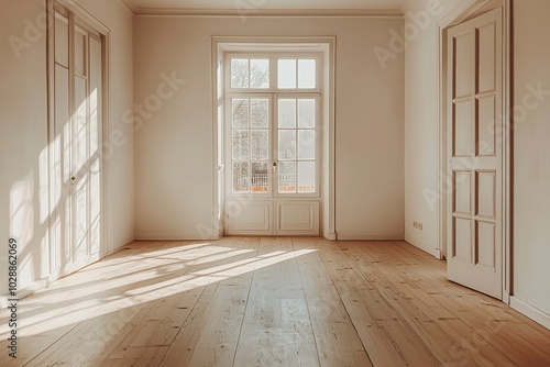 Wallpaper Mural Sunlit Room with Wooden Floor and White Doors and Windows Torontodigital.ca