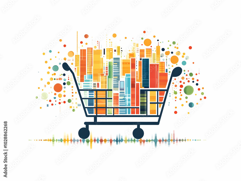 Flat Abstract Bokeh Shopping Cart and Wealth Chart Concept - A Floating Cart and Chart against Soft Bokeh Background Symbolizing Retail Wealth and Market Trends in a Simple Flat Vector Illustration Flat Abstract Bokeh Shopping Cart and Wealth Chart Concept - A Floating Cart and Chart against Soft Bokeh Background Symbolizing Retail Wealth and Market Trends in a Simple Flat Vector Illustration