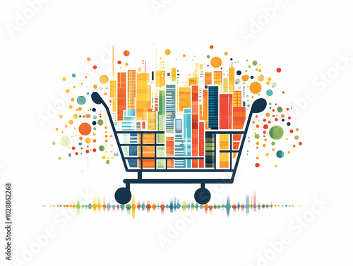 Flat Abstract Bokeh Shopping Cart and Wealth Chart Concept - A Floating Cart and Chart against Soft Bokeh Background Symbolizing Retail Wealth and Market Trends in a Simple Flat Vector Illustration