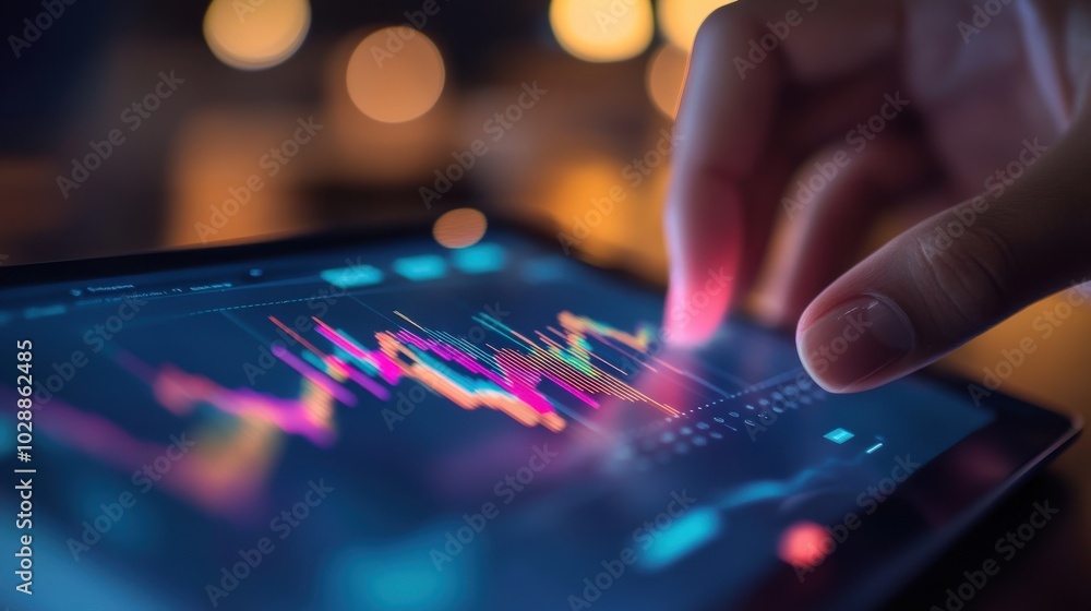 Hand interacting with financial graph on a digital tablet display Hand interacting with financial graph on a digital tablet display