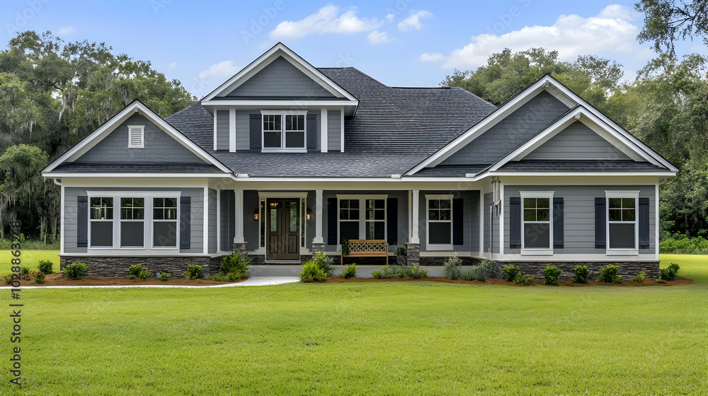 Modern house with a spacious lawn and welcoming porch. Modern house with a spacious lawn and welcoming porch.