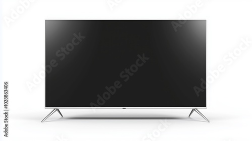 Modern Flat-Screen Television with Minimalist Design, Thin Black Bezel and Blank White Screen, Supported by Sleek Silver V-Shaped Legs at Each End, Clean and Contemporary Aesthetic