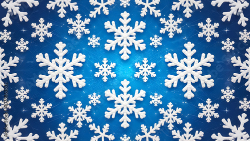 White snowflakes on a blue background, winter holiday design, festive cheer. 