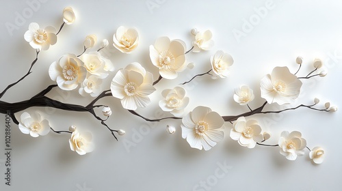 Delicate paper cut cherry blossom branches with layered, intricate petals, perfect for spring decor, paper cut cherry blossom, delicate floral design