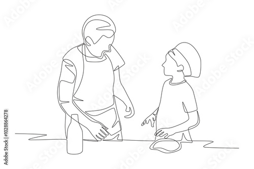 Grandchildren and Grandmother Make Cakes. Baking with grandparents concept one-line drawing