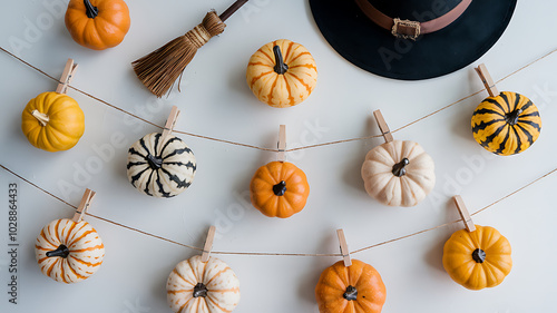 Orange and white pumpkins hanging on a string, a festive Halloween decor concept. 