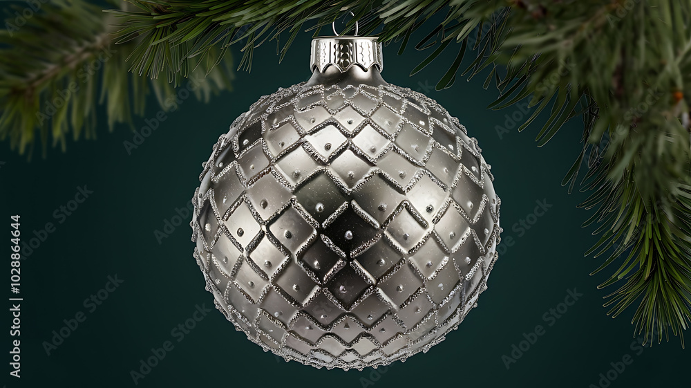 Obraz premium A metallic gray, diamond-patterned Christmas ornament hangs against a teal backdrop.