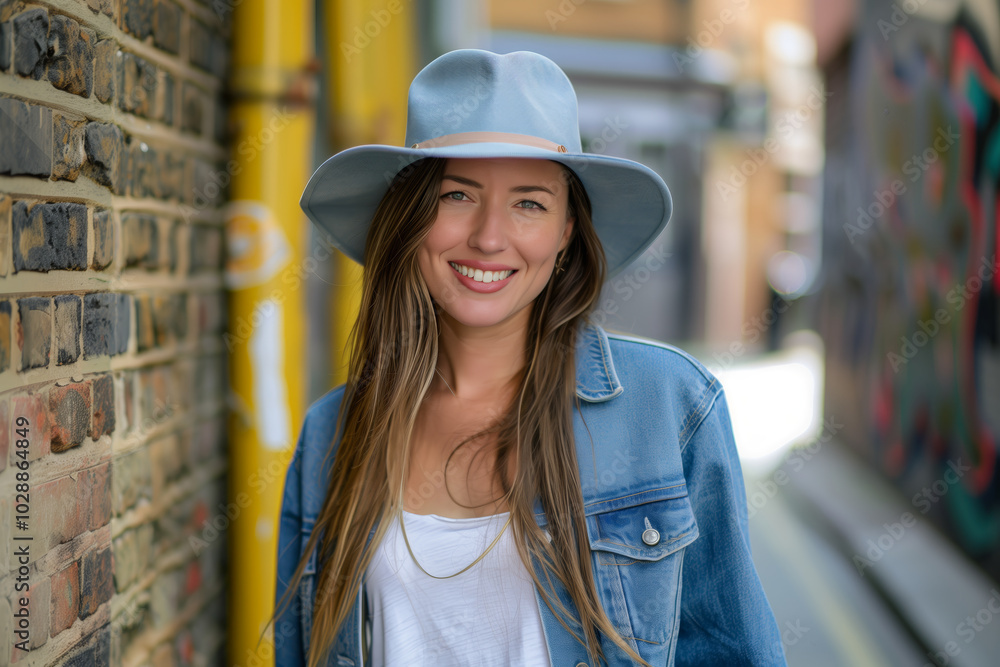 A woman wearing a blue jacket and a blue hat is smiling A woman wearing a blue jacket and a blue hat is smiling