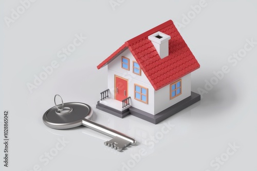 Key with house next to it, concept of investment, property and mortgage.