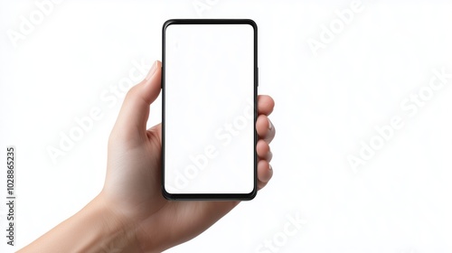 Close-Up of Hand Holding Smartphone Against White Background, Light Skin Tone with Phone in Vertical Orientation, Black Frame and Blank White Screen, Simple Minimalist Layout