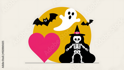 Wallpaper Mural Cute Halloween Skeleton in a Witch Hat with a Pink Heart and Yellow Moon 
A whimsical and fun Halloween illustration with a cute skeleton, a heart, and a moon. Torontodigital.ca