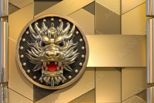 Golden round emblem with dragon face, logo, amulet. photo