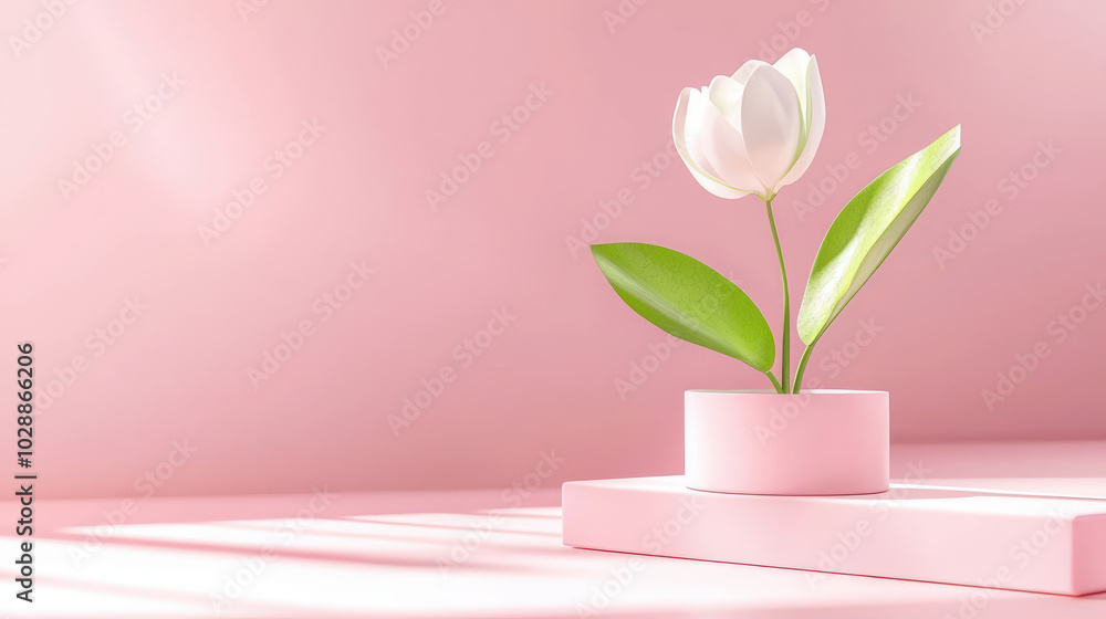 minimalist flower arrangement featuring white tulip in pink pot against soft pink background creates serene and elegant atmosphere minimalist flower arrangement featuring white tulip in pink pot against soft pink background creates serene and elegant atmosphere