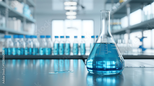 Laboratory workbench with blue liquid in flask, surrounded by test tubes and equipment, creating scientific atmosphere