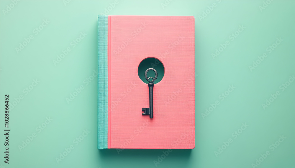 A book cover with a keyhole and key, isolated on a pastel green and pink background, symbolizing education, learning, and unlocking knowledge A book cover with a keyhole and key, isolated on a pastel green and pink background, symbolizing education, learning, and unlocking knowledge