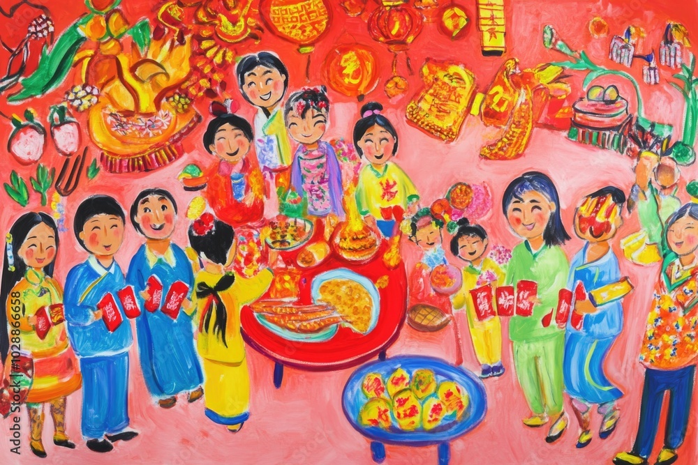 Fototapeta premium Festive Family Gathering: Vibrant Naive Children's Painting for Lunar New Year Celebration