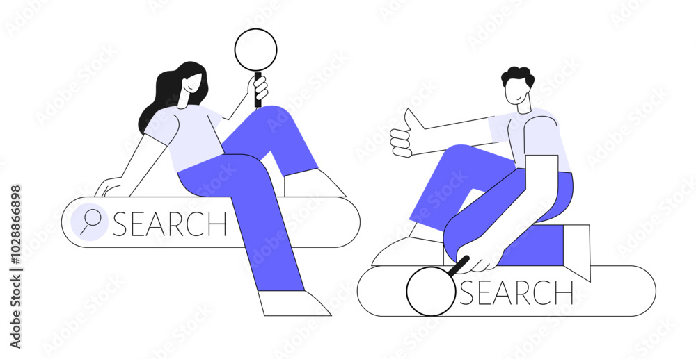 Characters holding magnifier glass and searching in internet. abstract concept. Flat vector illustration. Characters holding magnifier glass and searching in internet. abstract concept. Flat vector illustration.