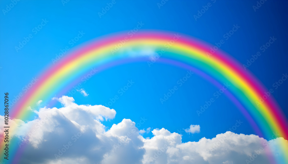 A brilliant rainbow arching across a bright blue sky, promising joy A brilliant rainbow arching across a bright blue sky, promising joy
