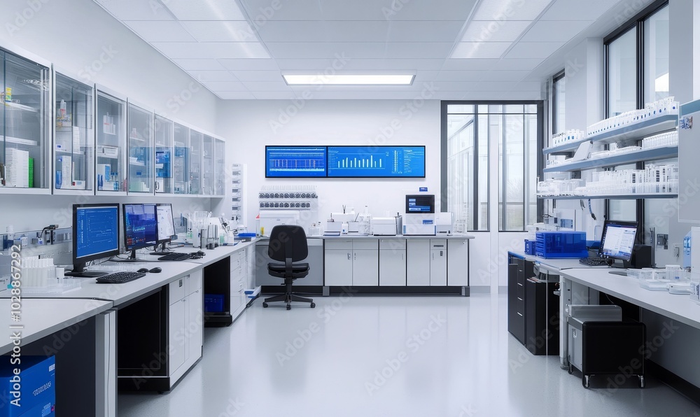 Modern, sterile lab with equipment and screens. Modern, sterile lab with equipment and screens.