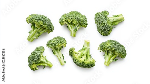 Top-Down View of Fresh Broccoli Florets Arranged on Plain White Background, Vibrant Green with Tightly Packed Buds and Lighter Green Stalks, Balanced and Symmetrical Layout