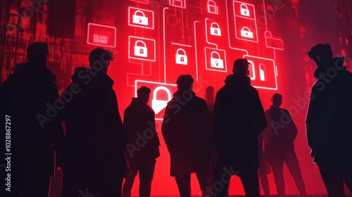 Mysterious Figures in Front of Digital Security Display