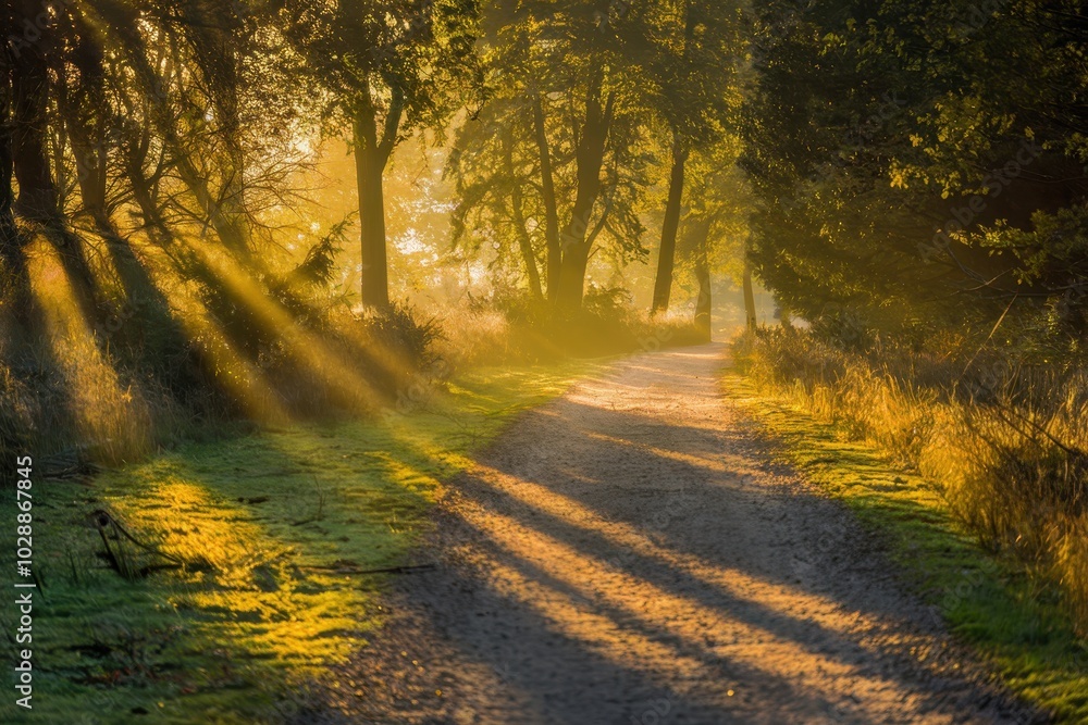 Fototapeta premium The sun is shining through the trees, casting a warm glow on the path