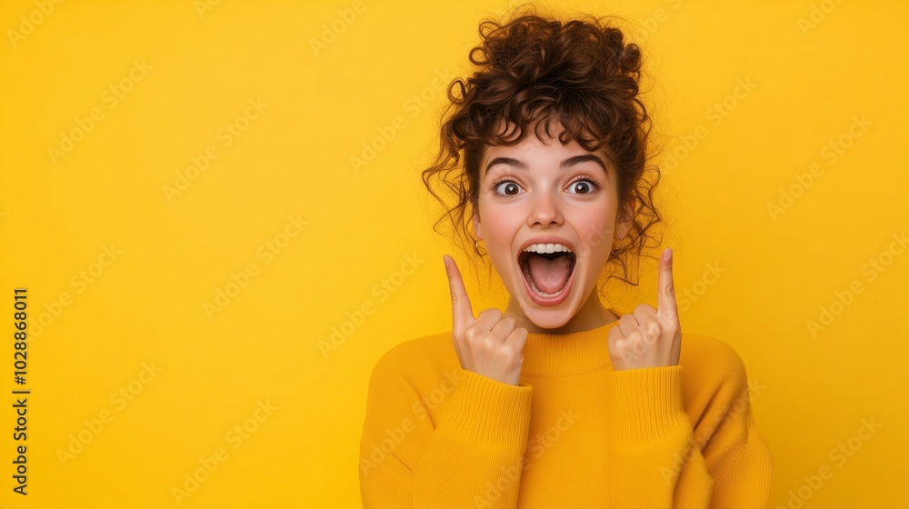 Cheerful young woman in a yellow sweater celebrates against a vibrant yellow background, expressing joy with excitement Cheerful young woman in a yellow sweater celebrates against a vibrant yellow background, expressing joy with excitement