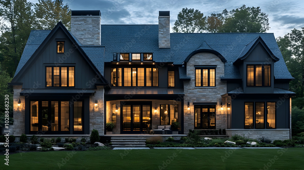 Elegant modern home with large windows and landscaped surroundings. Elegant modern home with large windows and landscaped surroundings.