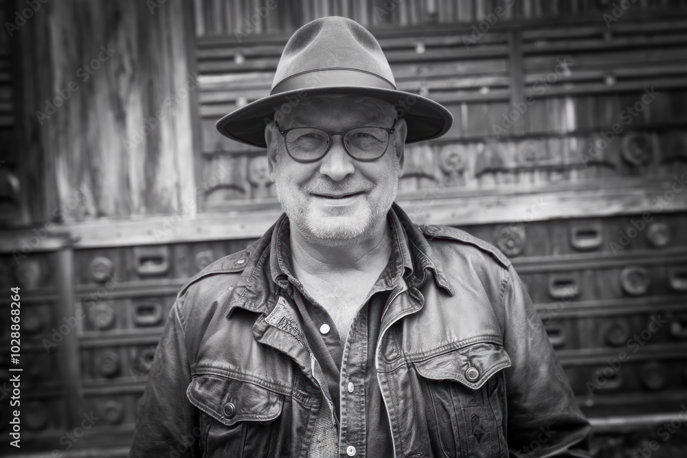 Fototapeta premium Black and white portrait, of a middle aged smiling man in hat