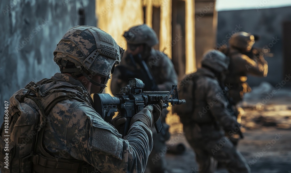 Fototapeta premium Soldier aiming rifle with other soldiers in background.