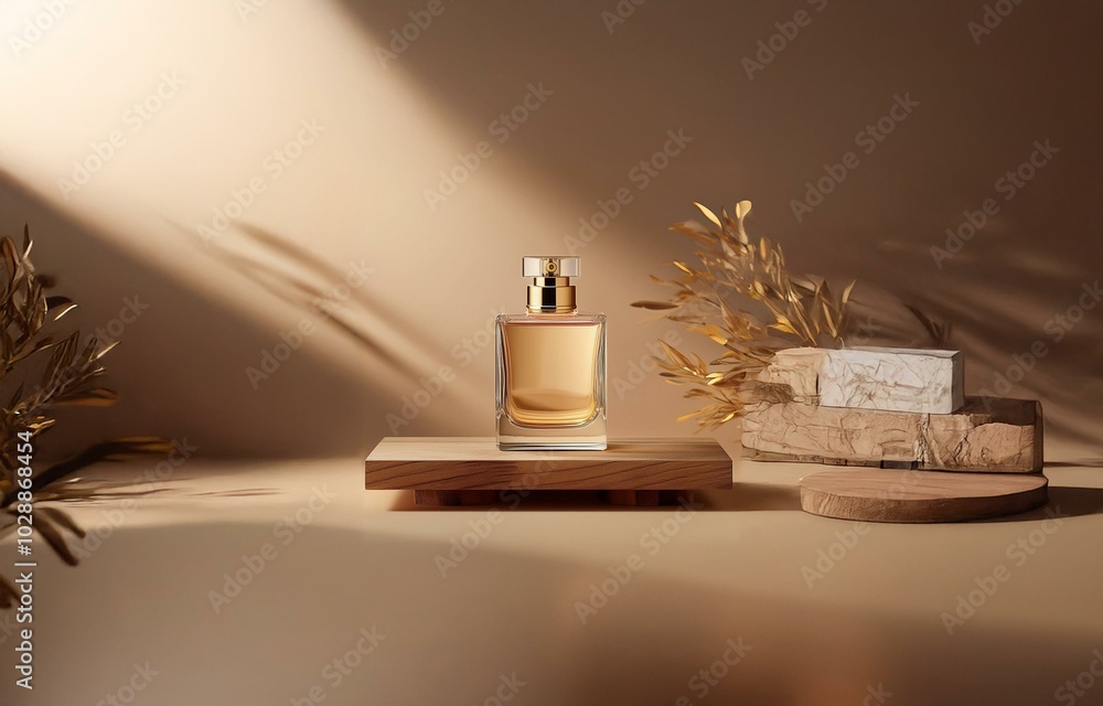 A glass bottle of perfume with a gold cap sits on a wooden platform against a beige background. A glass bottle of perfume with a gold cap sits on a wooden platform against a beige background.