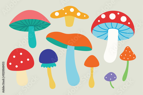 Mushroom colorful doodle set. various Mushrooms hand drawn flat sketch. Champignon, chanterelle and shiitake vector