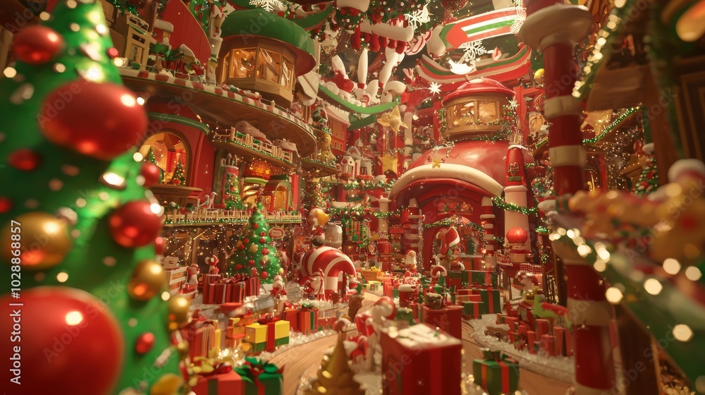 Obraz premium Enchanting Santa's Workshop Fantasy - Festive Holiday Scene with Elves Crafting Toys and Bright Decorations, Cinematic Lighting