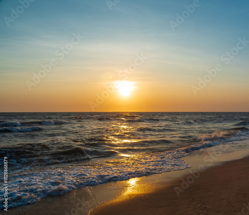 Sunset sea panorama view landscape horizon beautiful summer season shore nobody wind soft wave cool holiday look calm big sunset sky twilight evening day time nature tropical coast ocean water travel