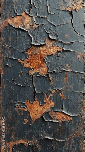 Weathered blue paint peeling off rusty metal surface, revealing layers of decay and oxidation in a captivating abstract pattern of textures and colors.