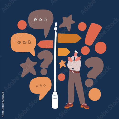 Cartoon vector illustration of a man standing at a crossroads by a directional sign, expressing uncertainty about which path to take in life