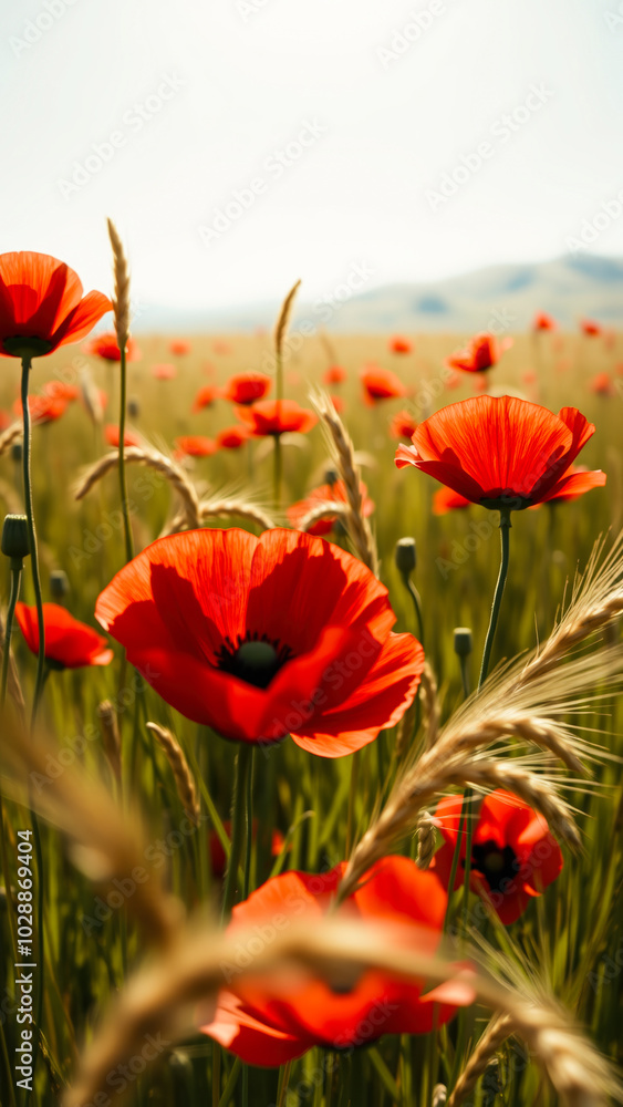 Naklejka premium single poppy stands out a field wheat