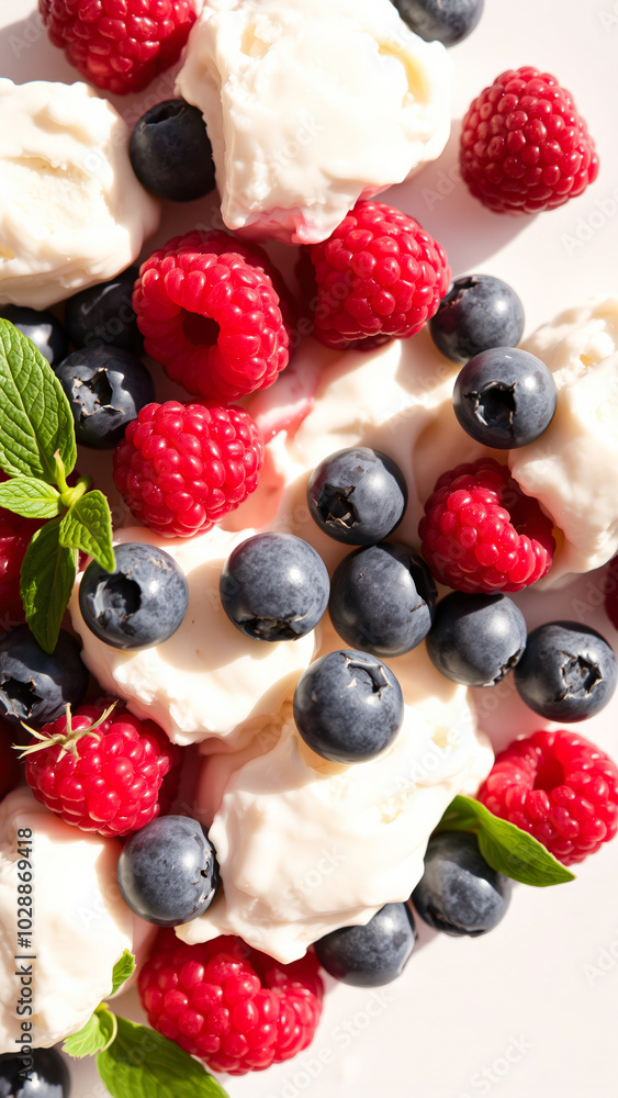 Obraz premium close- fresh raspberries blueberries dairy product