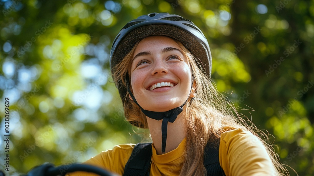 Joyful cyclist enjoying a sunny day outdoors, her radiant smile and protective helmet reflecting a perfect blend of safety and pure happiness in nature. Joyful cyclist enjoying a sunny day outdoors, her radiant smile and protective helmet reflecting a perfect blend of safety and pure happiness in nature.