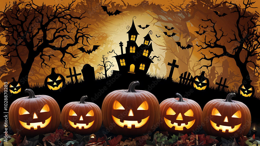Spooky Halloween pumpkins and haunted house with orange and black colors.
Spooky Halloween pumpkins and haunted house with orange and black colors.