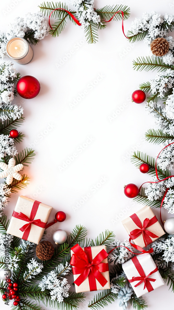 festive frame snowy pine branches baubles gifts festive frame snowy pine branches baubles gifts