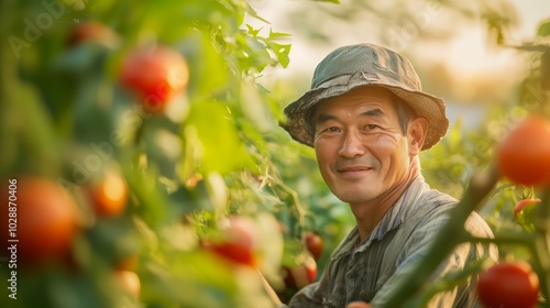 Farmer and agricultural occupation. Happy Asian male worker working on harvesting ripe tomatoes at a farm