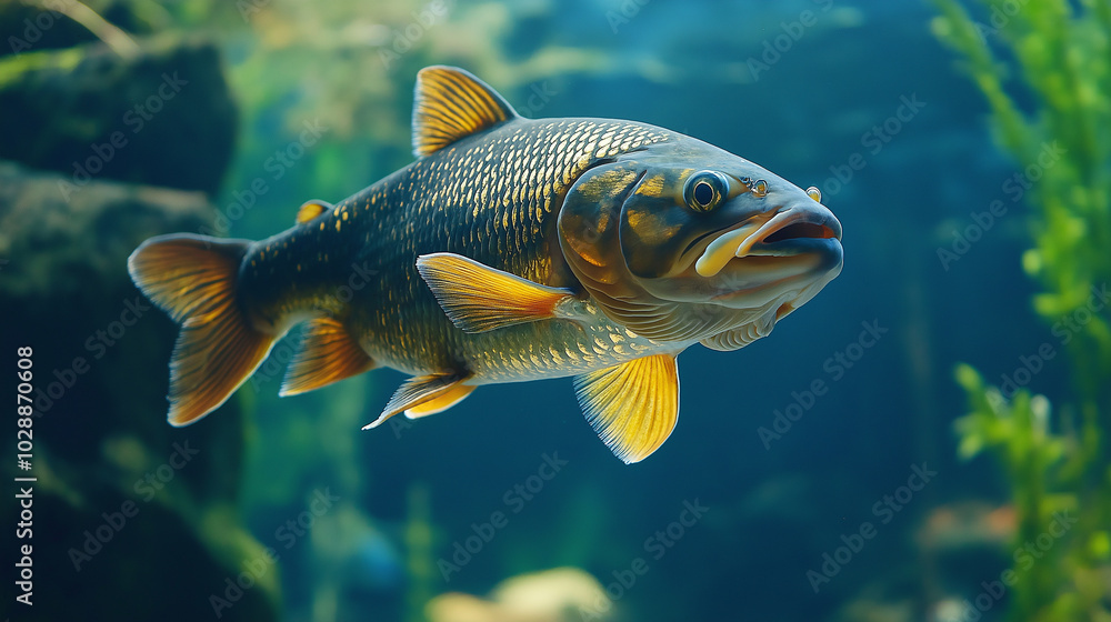 Close up on a swimming carp Close up on a swimming carp