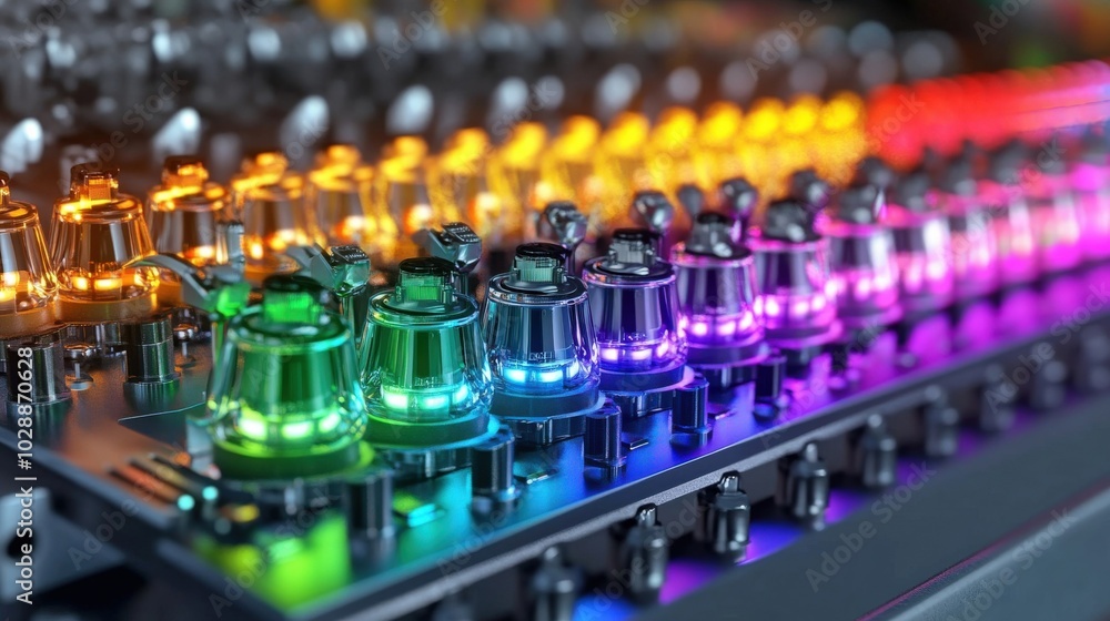 A row of colorful knobs with a rainbow effect A row of colorful knobs with a rainbow effect