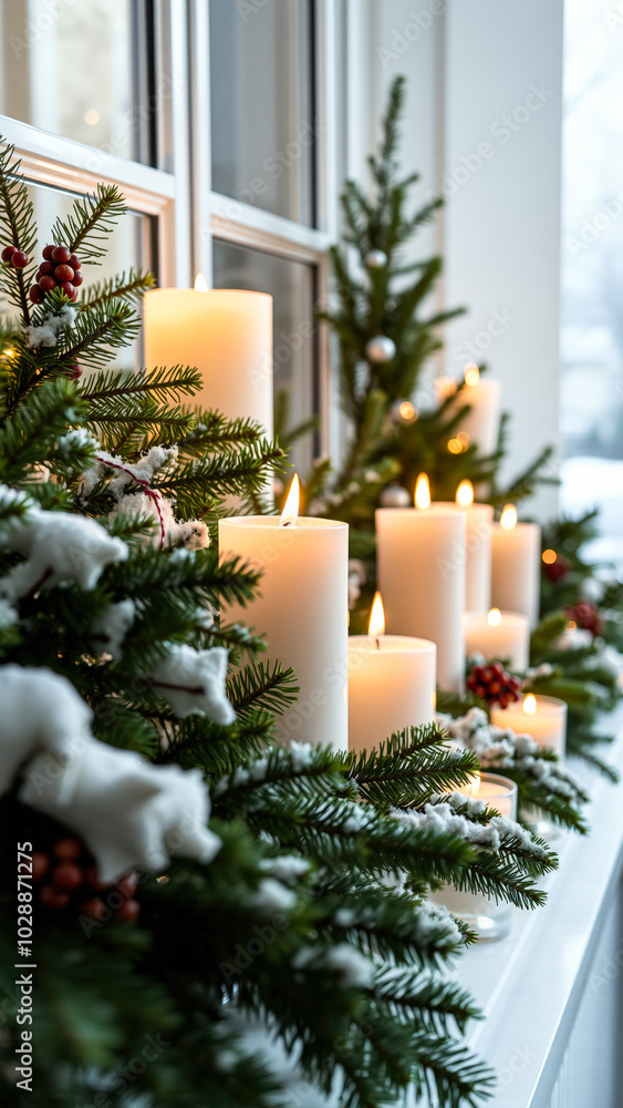 frosted evergreen boughs lit candles decorate a window sill frosted evergreen boughs lit candles decorate a window sill