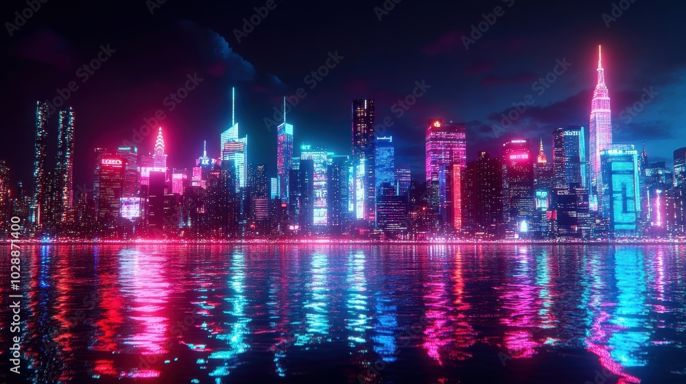 Vibrant city skyline at night with colorful neon lights reflecting on the water. Vibrant city skyline at night with colorful neon lights reflecting on the water.