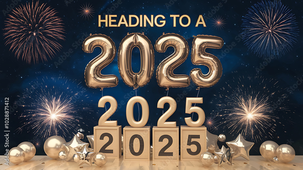 Fototapeta premium Golden balloons and fireworks celebrate the arrival of 2025, perfect for New Year's Eve designs. 