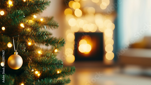 Christmas Tree Close-Up in a Warm Living Room A detailed view of a Christmas tree decorated with glowing fairy lights and a single ornament, set against the backdrop of a warmly li